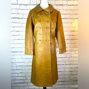 Kymbo Madrid Vintage Tan Leather Jacket Military Inspired Trench Long Coat Med